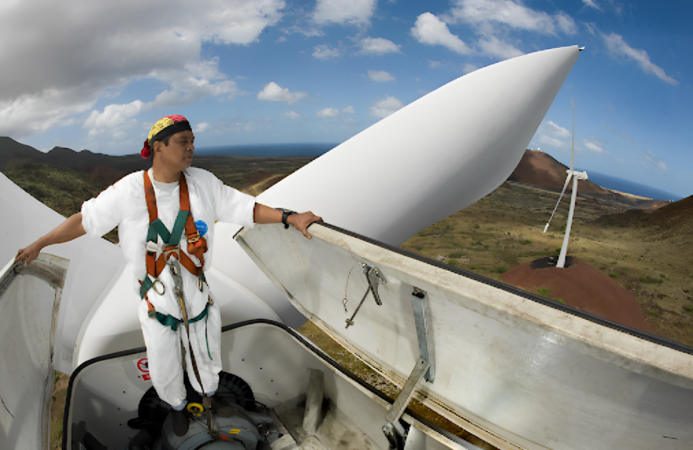 An operator uses the 110-foot-high view from a 900kW wind turbine to conduct visual inspection An operator uses the 110-foot-high view from a 900kW wind turbine to conduct visual inspection
