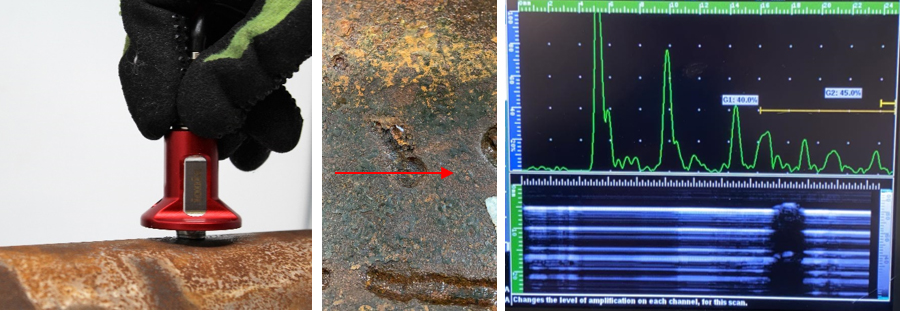 Automated high-temperature ultrasonic testing with HS582i transducer showing A-scan and C-scan wall thickness data on carbon steel pipe